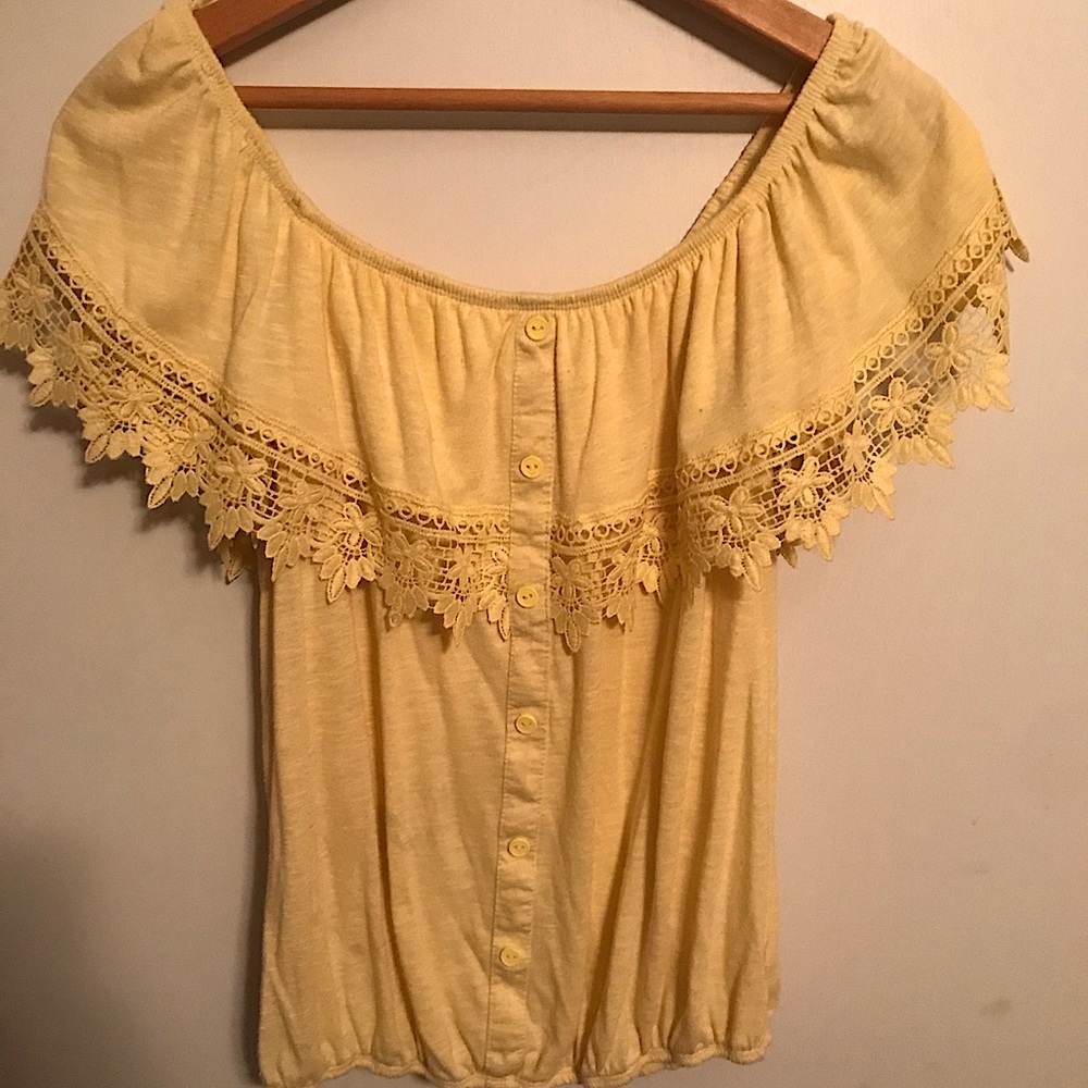 Paper + Tee Yellow Crochet Ruffle Off Shoulder Top